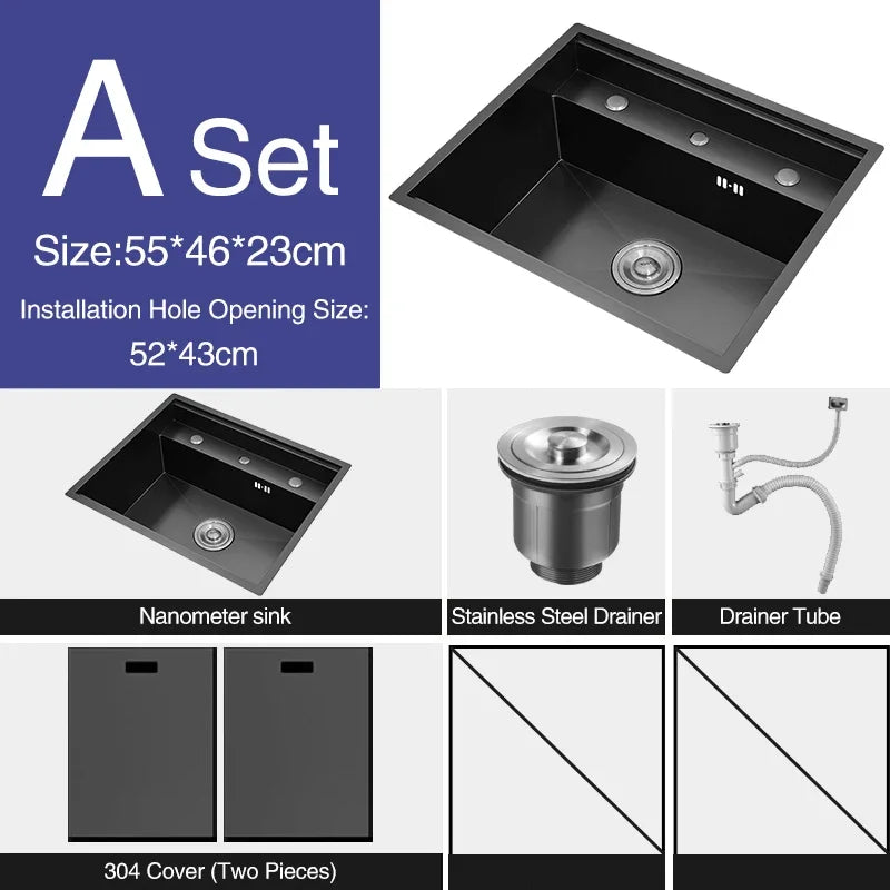 Nanometer Double Cover Hidden Kitchen Sink 304 Stainless Steel 3 Holes Handmade Single Large Size Kitchen Hidden Sinks