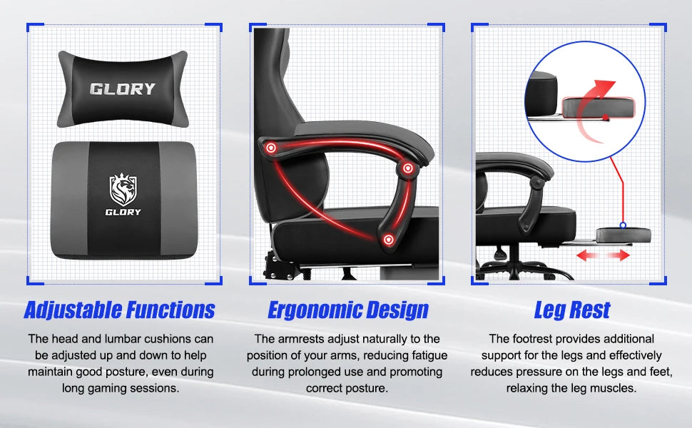 Daccormax 170 °   Liegender Gaming-Stuhl mit ausziehbarer Fußstütze, ergonomischer Bürostuhl mit Lordosenstütze und Kopfstützenkissen