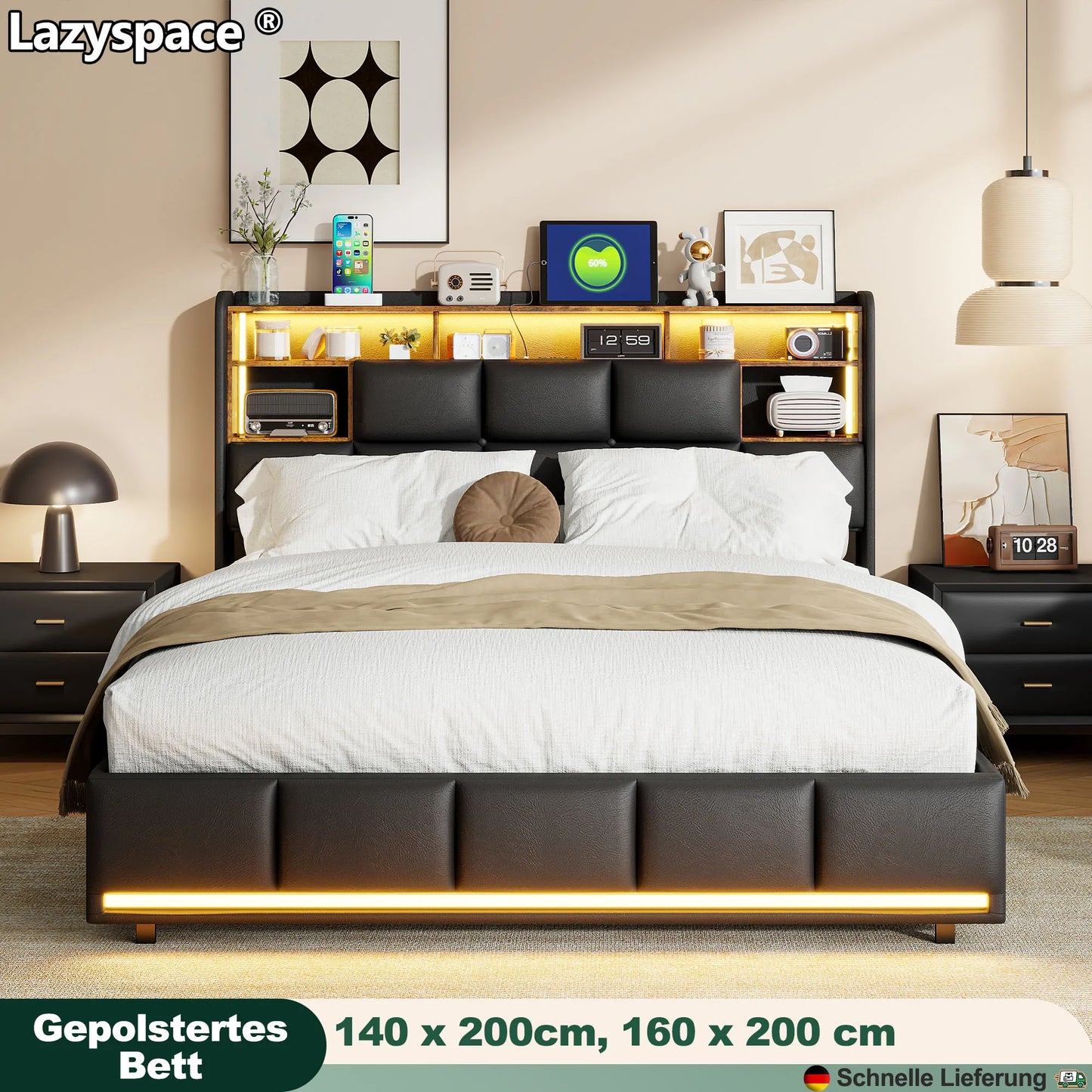 Lazyspace Modernes PU-Polsterbett, Doppelbettgestell, hydraulisches Bett mit Stauraum, Kopfteil mit LED-Licht und Ablagefach