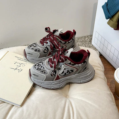 Children's Sneakers Autumn Winter Boys Sport Shoes Girls Plush Warm Casual Cotton Shoes Studnet Leopard Print Anti Slip Sneakers.