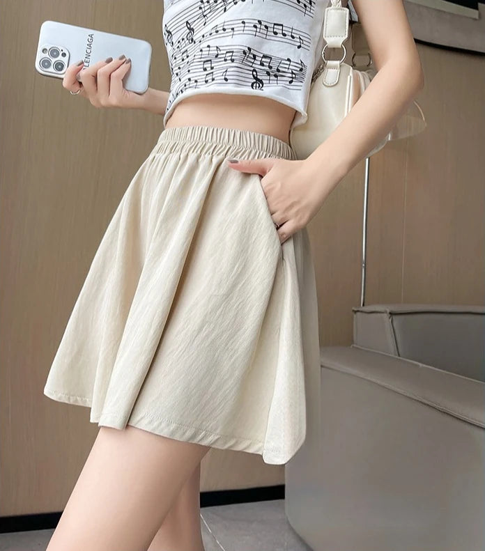 Women Quick Dry Sporty Short Pants Summer Thin Pleated Shorts Skirts High Waist A- Line Five Quarter Pants Cool Wide Leg Pants.