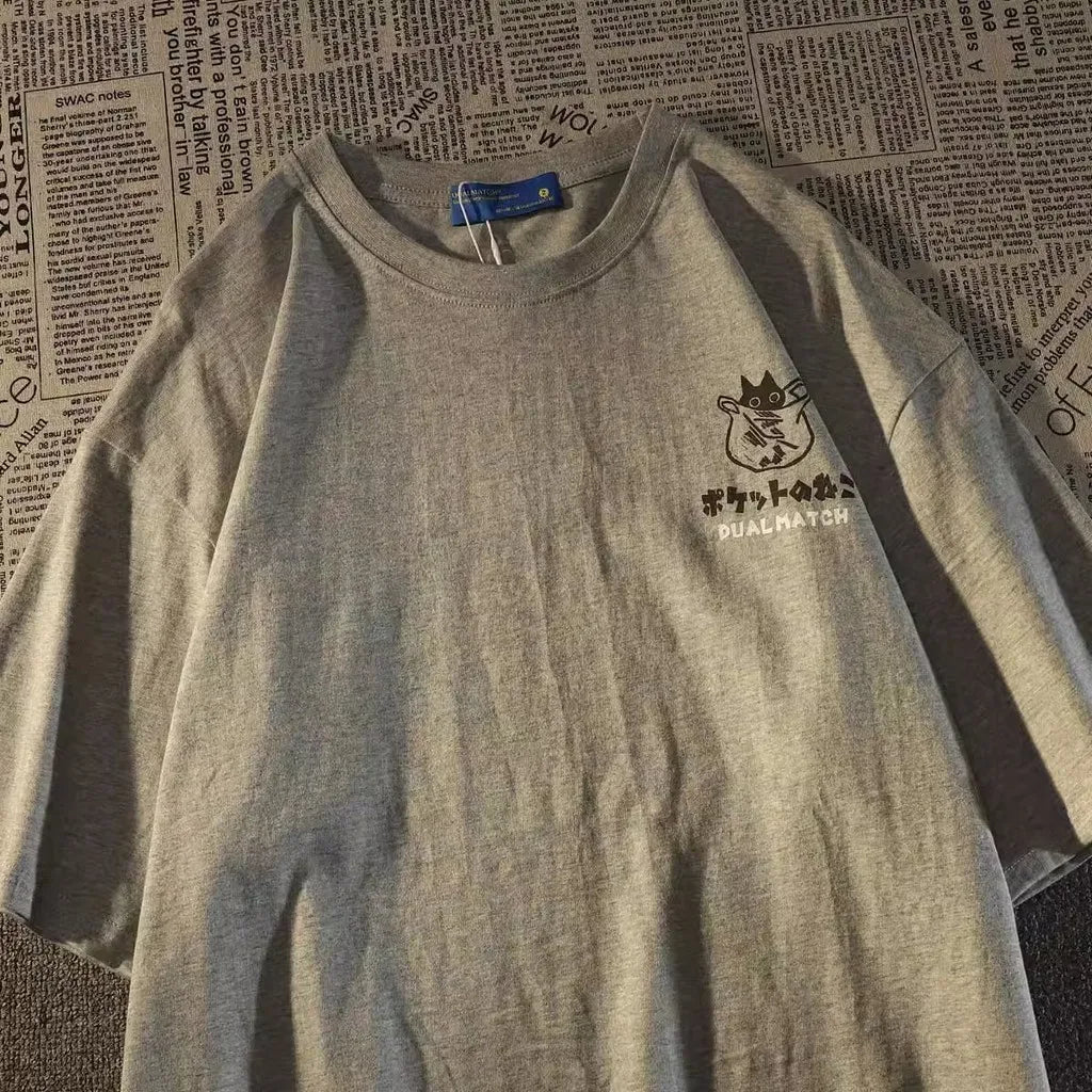 Sommer Japanische Retro Tasche Katze Cartoon Gedruckt Kurzarm T-shirt Männlich Weiblich Paare Unisex College Stil Übergroßen Top