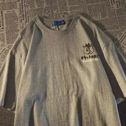 Sommer Japanische Retro Tasche Katze Cartoon Gedruckt Kurzarm T-shirt Männlich Weiblich Paare Unisex College Stil Übergroßen Top