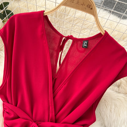 Französisch Vintage elegante Plissee Vneck Kleid A-Linie Mode Chiffon Frühling Herbst ärmellose Vestidos Frauen kleider