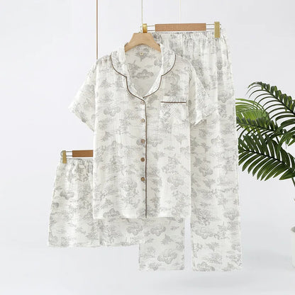Pajamas pure cotton three-piece set spring and summer thin crepe autumn gauze lapel short-sleeved trousers shorts loungewear set