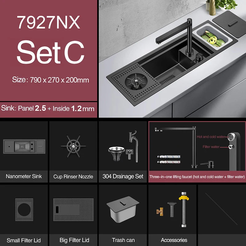 Nanometer Black Hidden Cup Rinser Bar kitchen Sink SUS 304 Stainless Steel Handmade Cup Washer Bar kitchen Sinks With Trash Can