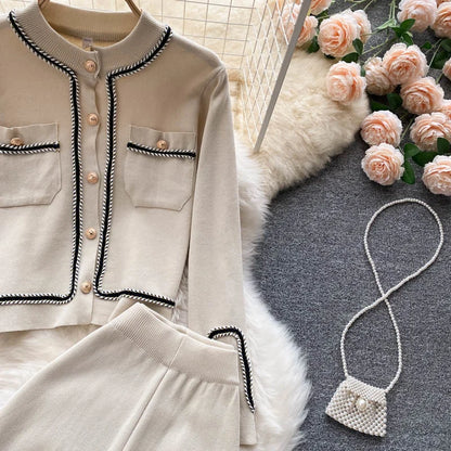 New Autumn Korean Fashion Casual Knit Two Piece Set Women Sweater Cardigan Crop Top + Wide Leg Pant Suits Tracksuit 2 Piece Sets.
