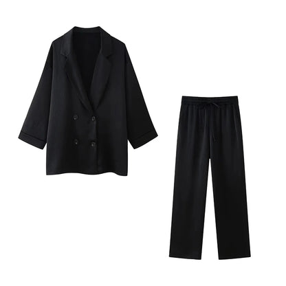 Women's Double-Breasted Loose Blazer Coat and High Elastic Waist Wide Leg Pants, Female Two Piece Sets, Fashion