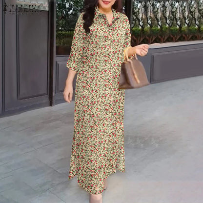 ZANZEA Herbst Sommer Floral Bedruckte Kleider Frauen Maxi Sommerkleid Bohemian Casual 3/4 Hülse Urlaub Vestidos Kaftan Robe Femme