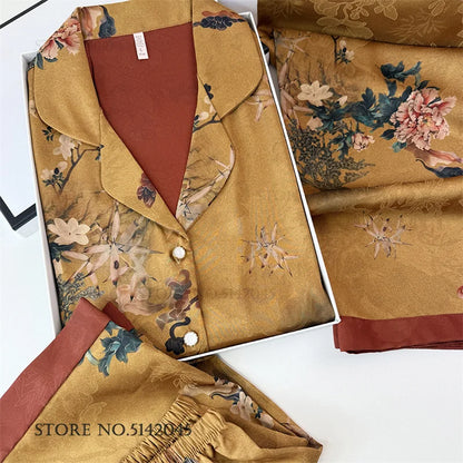 Chinese Style Print Flower 3PCS Pajamas Set Loungewear Summer New Women Sleepwear Short Sleeve Trouser Suit Silk Satin Homewear.