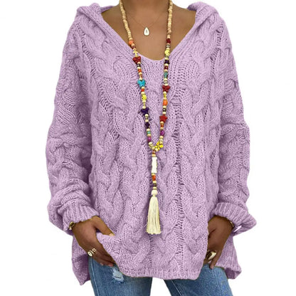 Mit kapuze V-ausschnitt Mit Langen Ärmeln Twist Gestrickte Hoodie Herbst Winter Einfarbig Lose Pullover Jumper Weibliche Kleidung.