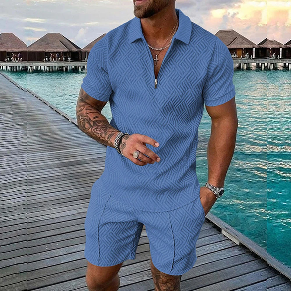 Casual Mesh Lapel short-sleeved Pullover + Shorts Solid Thin Sportswear set, Black suit, men's Sportswear T-shirt Set.