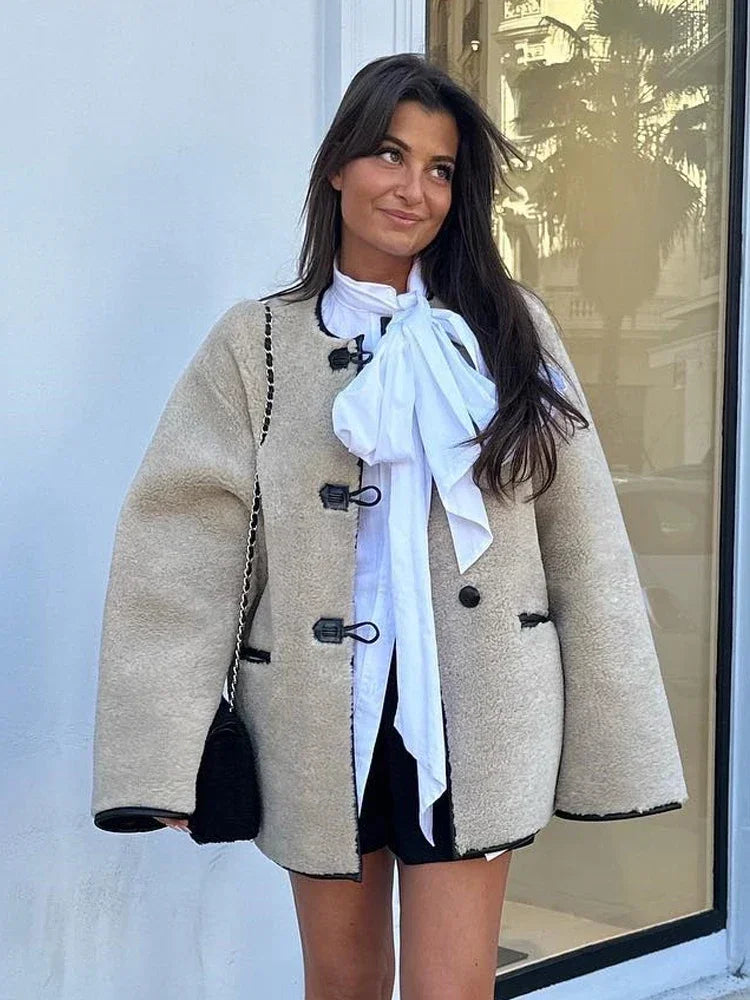 Women's Faux Wool Warm Loose Jacket Coat Retro Round Neck Single Breasted Double Pocket Casual Overcoat Winter Female Chic Coat.