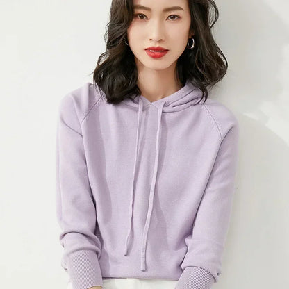 Women's Autumn and Winter New Casual Hoodies Sport Loose Hooded Knitted Hoodie Pullover Sweater