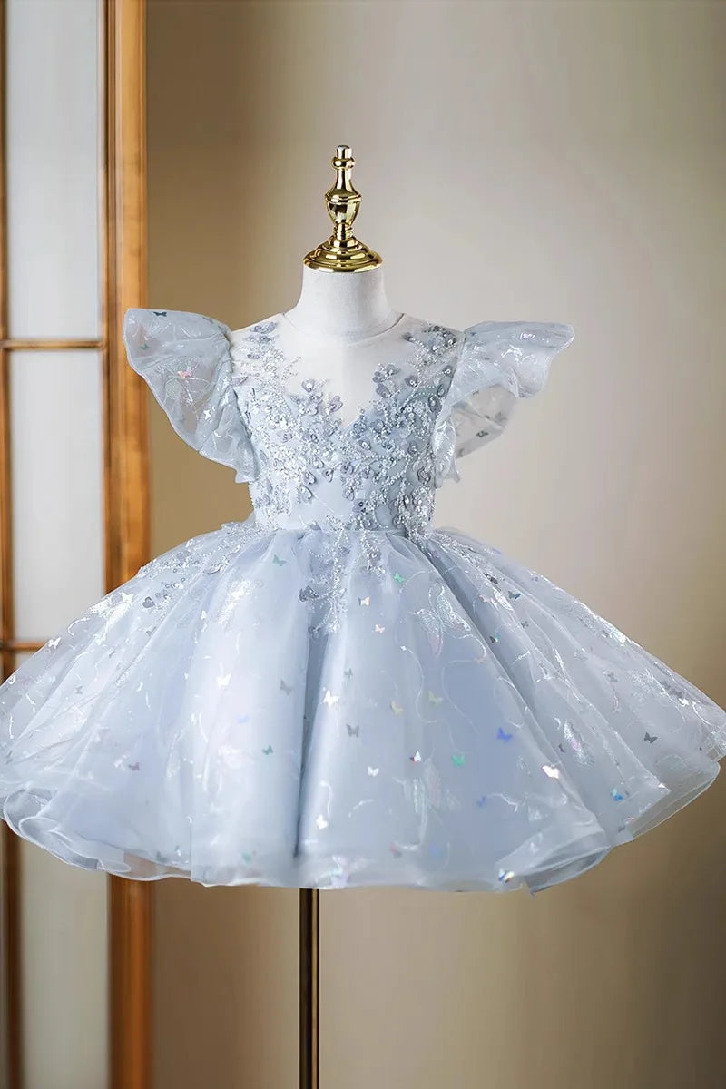 Blütenblattärmel Kleid Pailletten Mädchen Prinzessin Kleider Klavier Performance Kleider Teenager Kleidung Fliegende Ärmel Tutu Ballkleid.