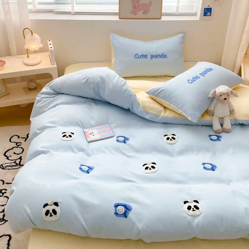 Ins Girly Heart Towel Embroidery Bedding Four-piece Set Soft Washed Cotton Bed Sheet Quilt Cover Three-piece Set