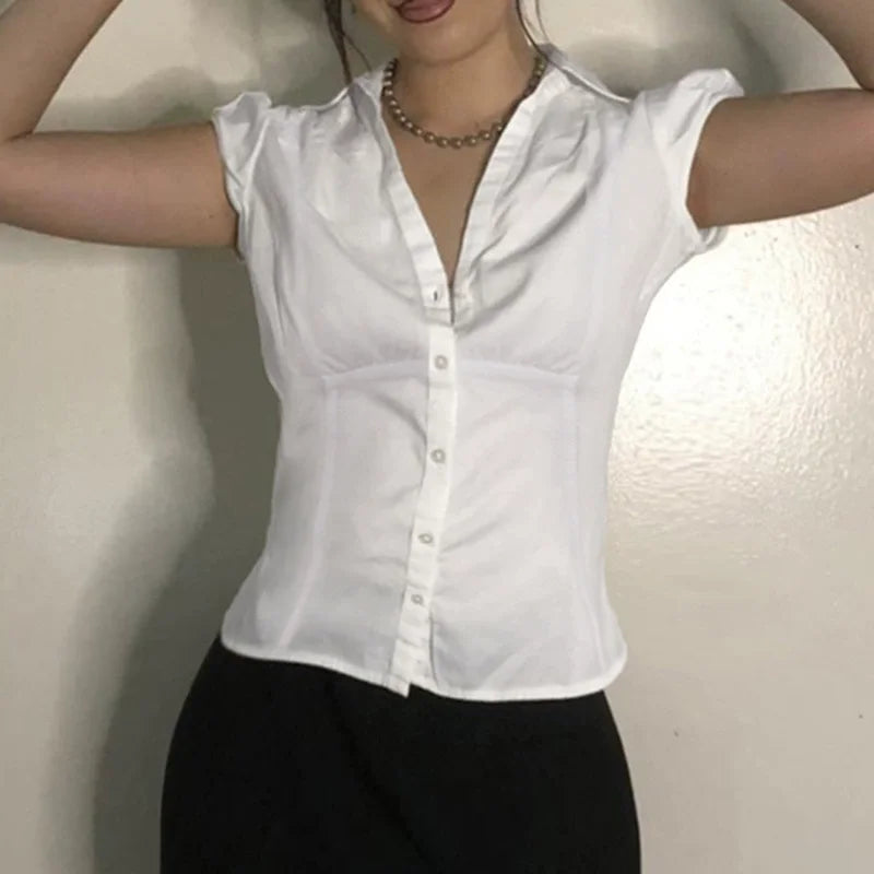 Women's Short Sleeve T-Shirt, Slim, Turn-Down Collar, Preppy Style, Patchwork, Casual, Summer Fashion, Fake 2 Piece, 2024