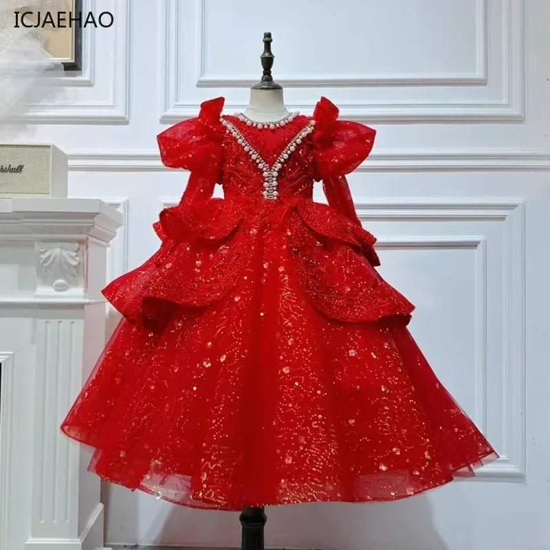2025, Kinderkleid, Performance-Outfit, Mädchen, Blumenmädchen, Geburtstag, Prinzessin, Kleider, glitzernde Pailletten, geschwollene Partykleidung, Kinderkleid, Rot.
