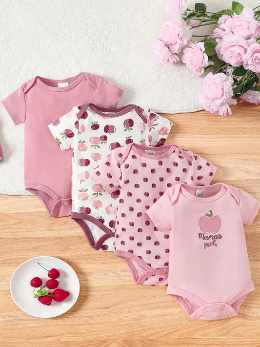 4PCS Neugeborenen Strampler Kurzarm Rundhals Cartoon Tier Blumen Drucken Body Onesies Für Baby Jungen Und Mädchen Kleidung