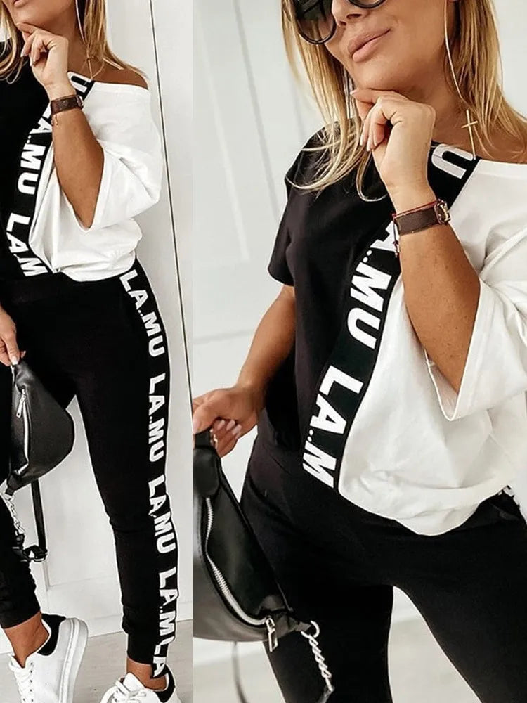 2023 Women's Spring Summer Sportswear Two-piece Set With Patchwork Letters Short Sleeved Long Pants Casual Women's Two-piece Set.