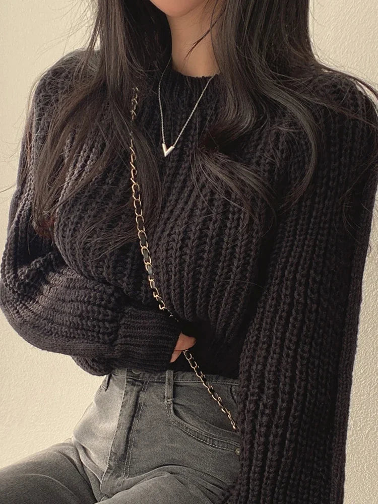 Lose Vintage Harajuku Laterne Langarm Frauen Pullover Koreanische Herbst Winter Strickwaren Weiche Warme Tops Chic Solide Femme Pullover