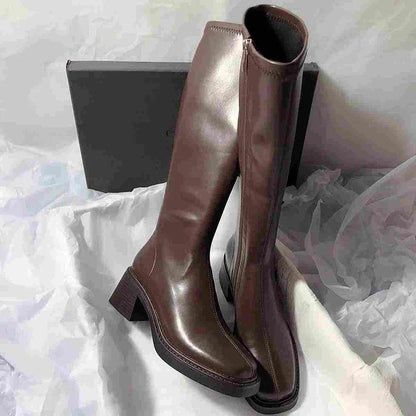 Vintage Thick Heel Women Knee High Boots Fashion Side Zippers Shoes Autumn Winter Ladies Concise Long Botas De Mujer.