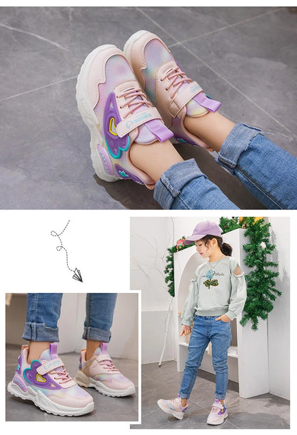 Girls Sports Shoes Kids Running Shoes Pink Breathable Air Mesh Heart Sweet Sneakers Cute Hook & Loop Children's Casual  Shoes