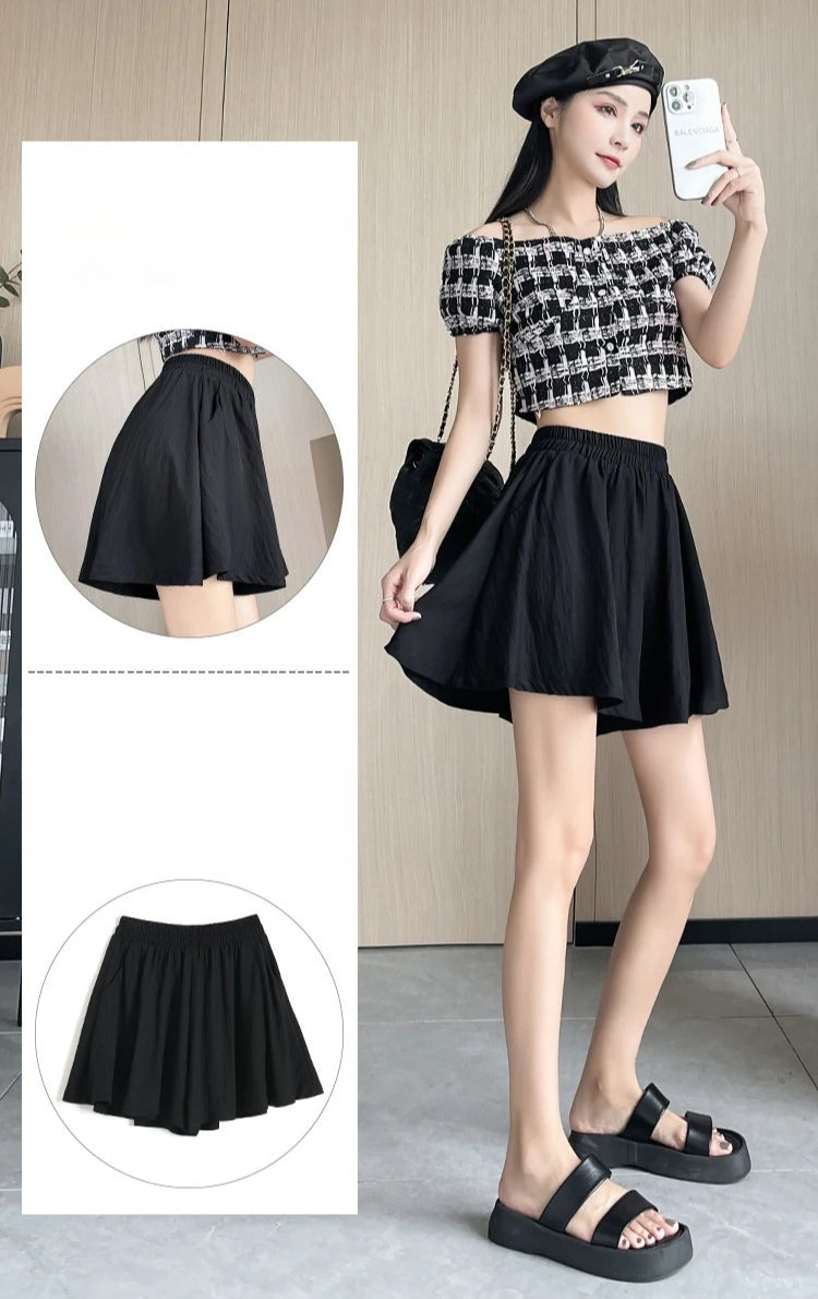 Women Quick Dry Sporty Short Pants Summer Thin Pleated Shorts Skirts High Waist A- Line Five Quarter Pants Cool Wide Leg Pants.