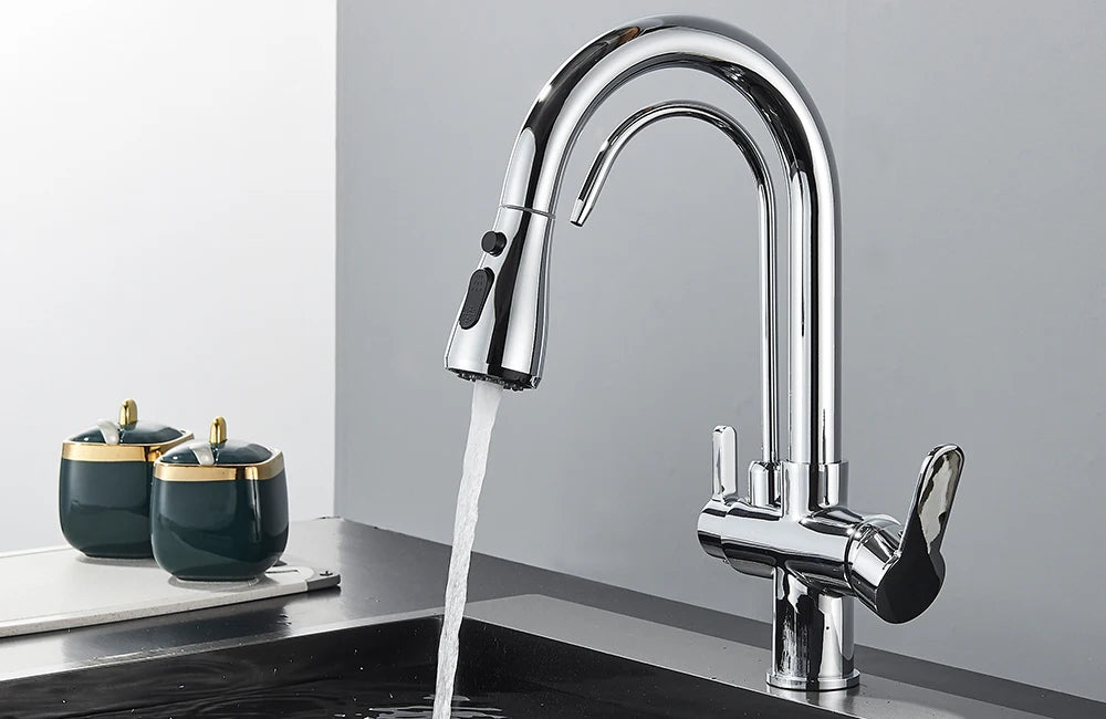 Quyanre Matte Black Filtered Crane For Kitchen Pull Out Spray 360 Rotation Water Filter Tap Three Ways Sink Mixer Kitchen Faucet