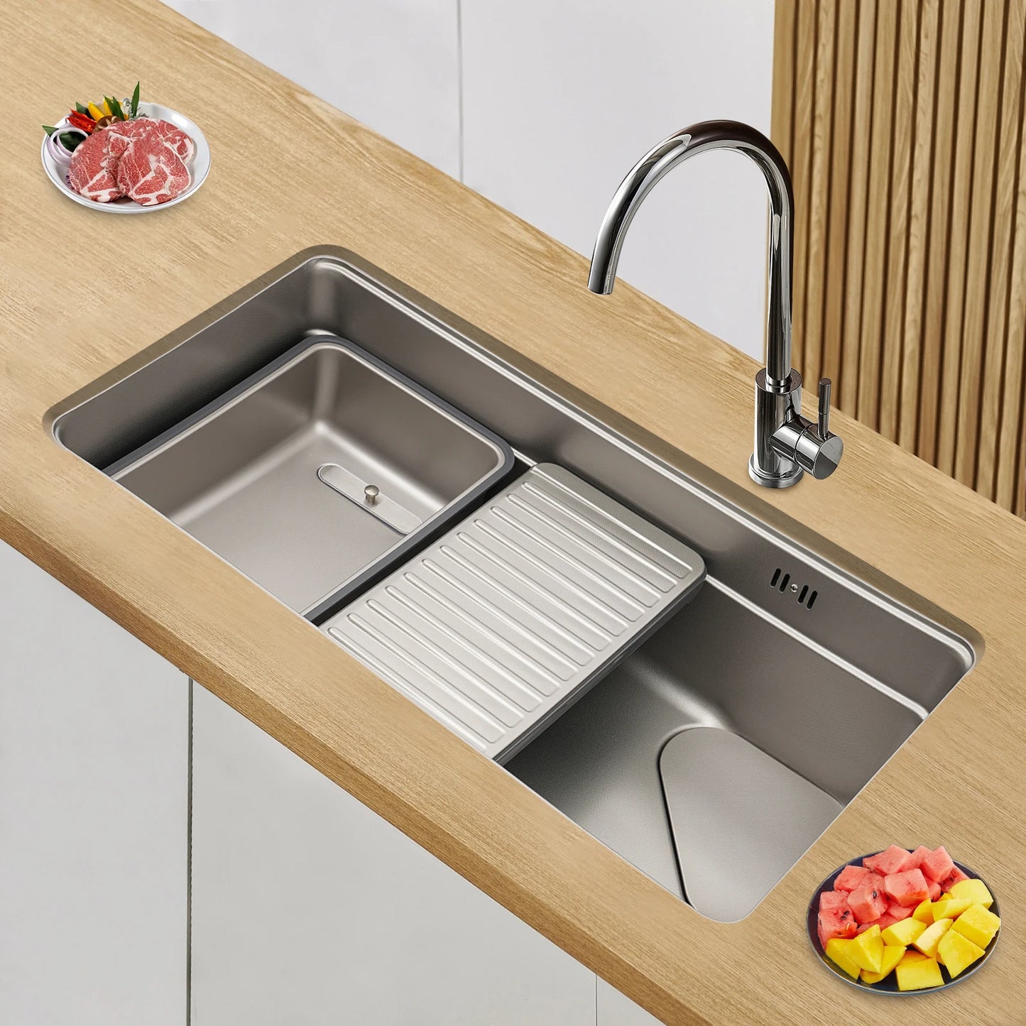 Geräuscharmes, modernes Küchenspülbecken aus Edelstahl mit Überlaufschutzloch, leicht zu reinigende Küchenanlagen