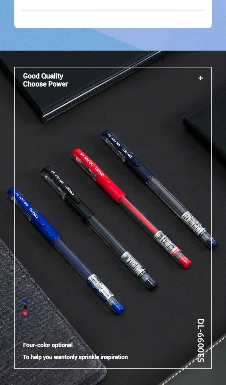 Deli 12er-Pack Gelschreiber-Set, 0,5 mm Kugelschreiber, Schwarz, Blau, Rot, Tintenfarben, Schreibutensilien für Schule, Büro, Schreibwaren