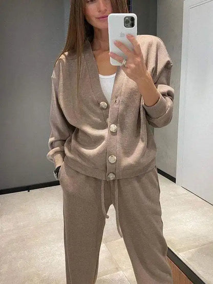Autumn Fashion Knitted Cotton Women's Sports Jacket Suit Simple Trousers Pocket Casual Cardigan Elegant 2-piece Set Female