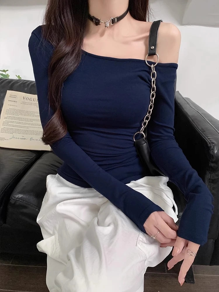 Vintage Solid Off Shoulder T Shirt Women Autumn Sexy Slash Neck tshirts Cotton Long Sleeve Chic Irregula Streetwear Slim Top Y2k.
