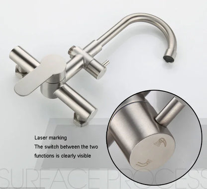 Kitchen Faucet Stainless Steel Double Hole Hot and Cold Mixing Tap Wall Mount Balcony Laundry Swivel Tap With Spray Gun 주방수전