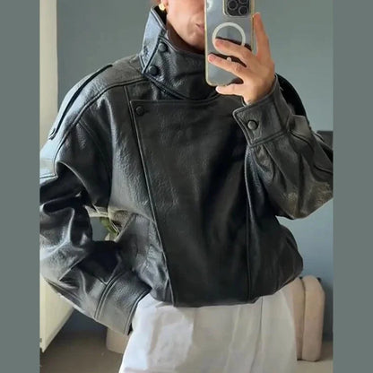 Street PU Leather Loose Jacket Women Fashion Solid Full Sleeve Stand Collar Single Breasted Coats Female 2025 Autumn Lady Coat