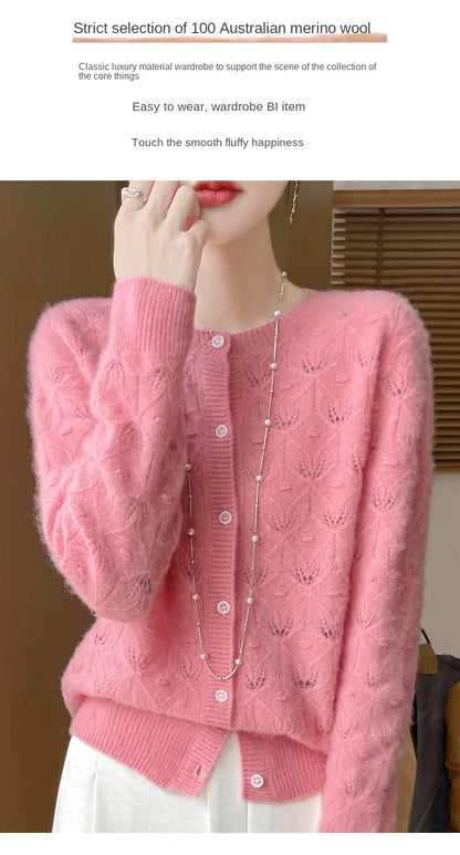 2024 Autumn And Winter New Round Neck Hollowed Out 100 Wool Knitted Cardigan Women's Versatile Coat Loose Casual Sweater DMR281.