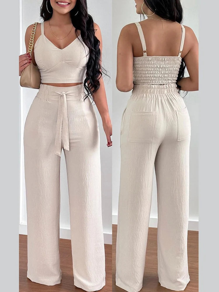Women Fashion Print Halter V-Neck Short Tank Suit Tops Long Pants Matching Set Summer Casual Female Slim Pants Two Piece Sets.