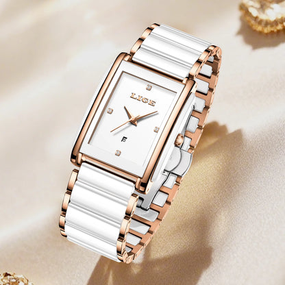 LIGE Fashion Square Quartz Woman Watches Ceramics Elegant Simple Diamond Auto Date Romantic Birthday Gift Leisure Wristwatch New.
