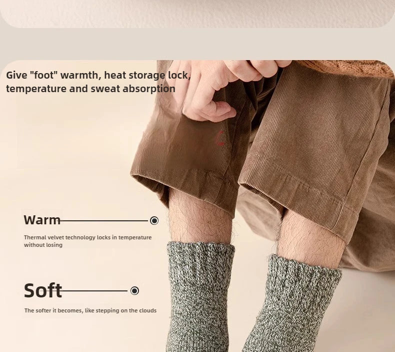 5 pairs of men's mid-calf thick winter fleece-lined thermal terry socks, blended cashmere solid color towel socks.