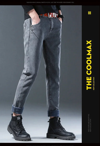 Winter Hot Sale Of The Season Trendy Stretchy Fleece Lined Thick Denim Mid Waist Fashionable Casual Warm Long Pants Men's Jeans.