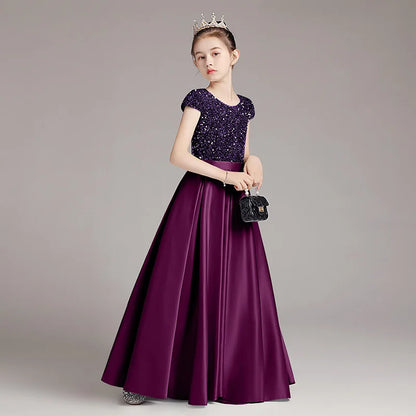 Mädchen-Klavierkleid, graues Pailletten-langes Performance-Kleid, Prinzessinnenkleid, Kinder-Host-Show-Performance-Kleid, Sommer