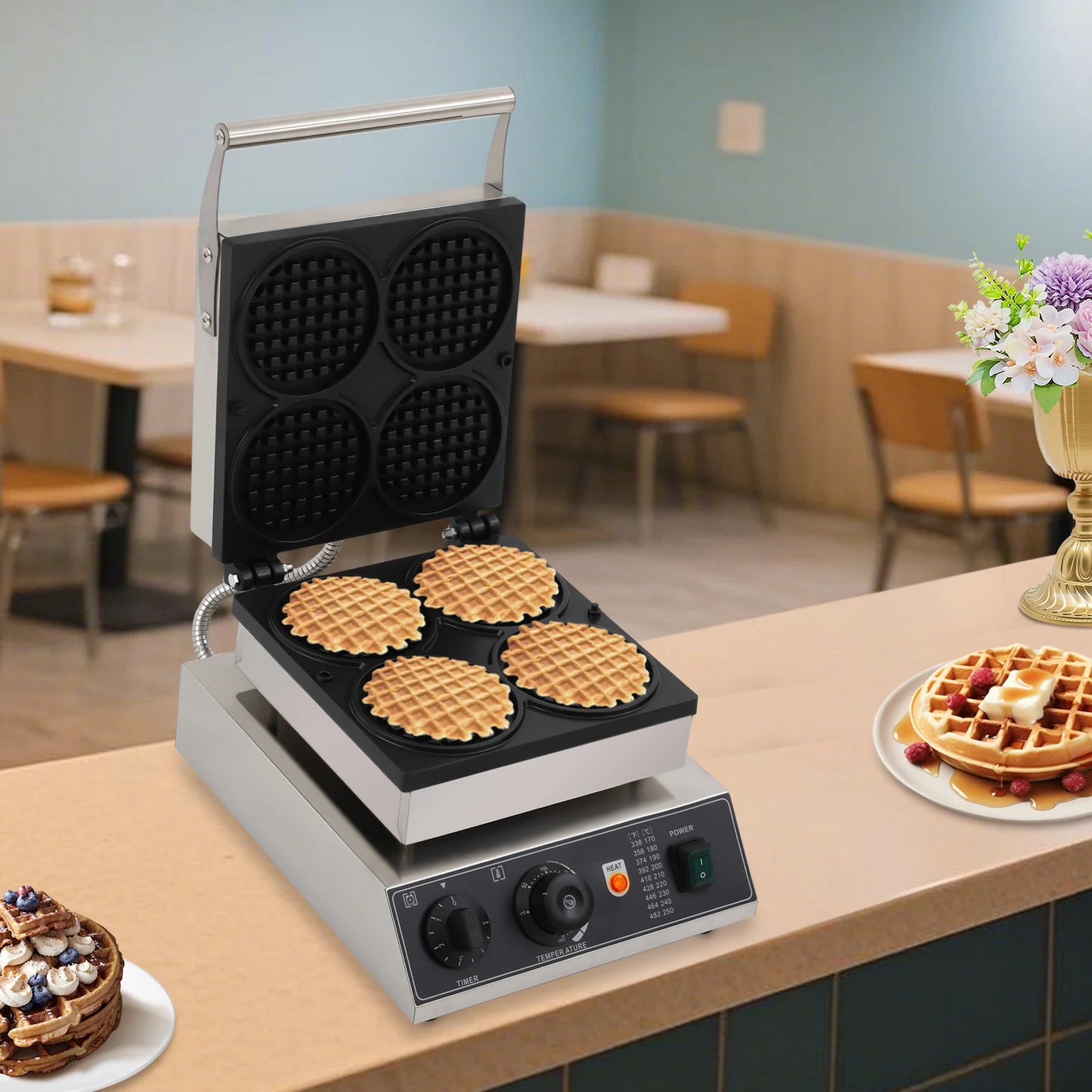 1750W Round Grid Non-Stick Waffle Maker 220V Temperature Adjustable Stainless Steel Waffle Baker Machine for Home Dessert Stores.