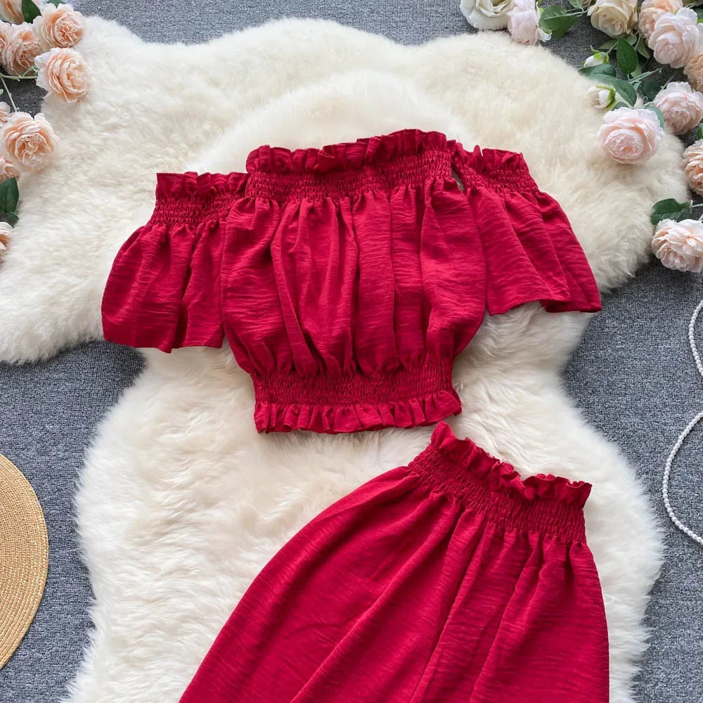 2024 Summer Green/Black/Red Two Piece Set Women Sexy Slash Neck Short Tops + High Waist Wide Leg Pants Female Suit New.