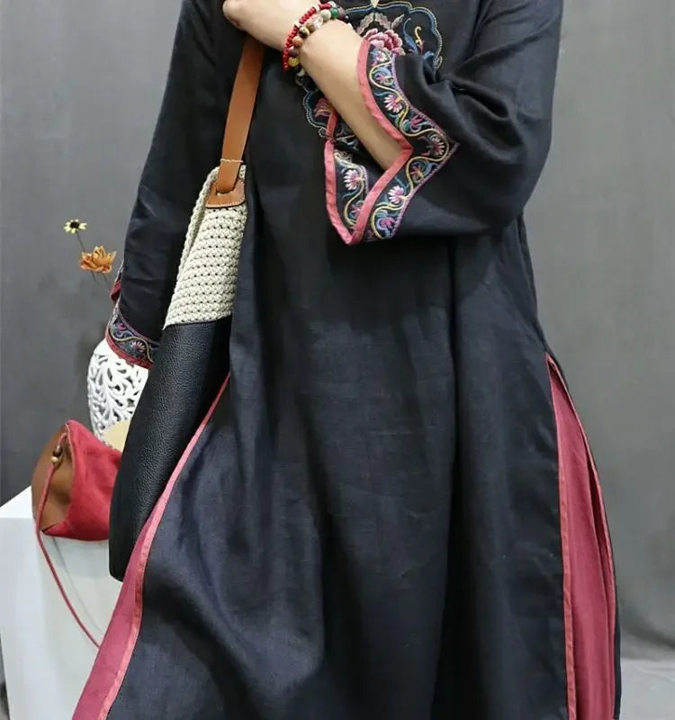 Damen-Bluse im Vintage-Stil aus Baumwolle und Leinen, mittellang, siebte Ärmel, Stickerei, ethnischer Rock mit lockerer Passform, chinesischer Stil