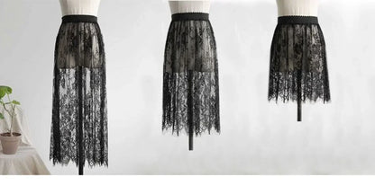 2 Length Elegant Black Skirt White Lace Transparent Long Tulle Skirt Ladies Elastic High Waist Beach Midi Skirt Drop shipping.