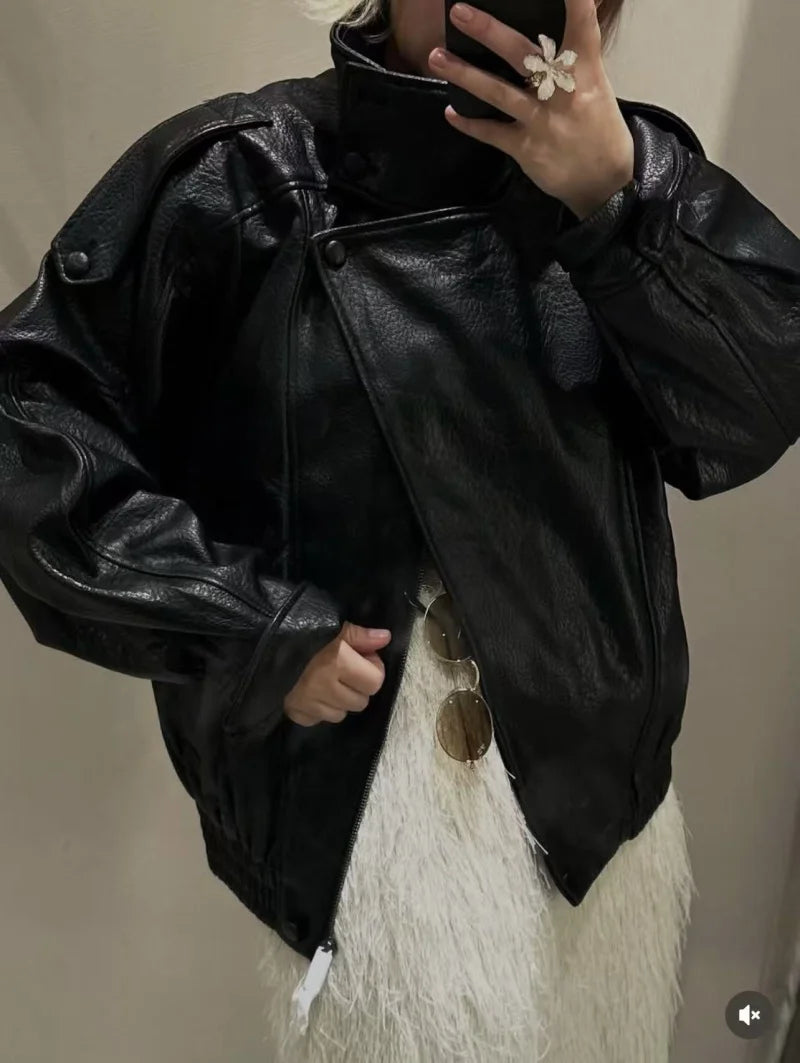 ETJ 2025 neue Damenmode, lockere Version der Stehkragen-Kunstlederjacke, Streetstyle, coole, hübsche Lederjacke
