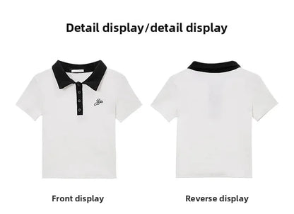 Women's Slim Fit Short Sleeve Polo Shirt Summer New Color Collision Design Red T-Shirt Top Fashionable Casual Business Wear.