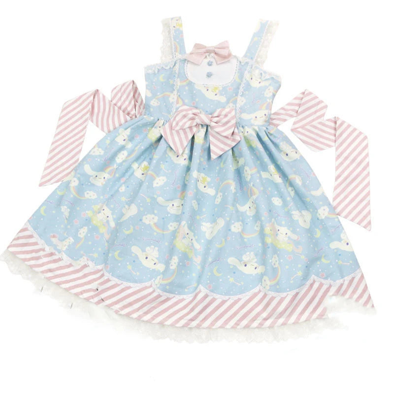 Anime My Melody Lolita Kleid Cinnamoroll Prinzessin Kleid Kuromi Süßer süßer Druck Schleife Spitze Party Trägerkleid Kawaii Academy Kleid.