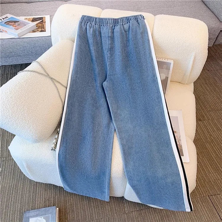 Pant Set Women Two Piece Sets Denim Splice Zipper Matching Sets Casual Coats Wide Leg Long Pants Lace Up Elastic Waist 2025.