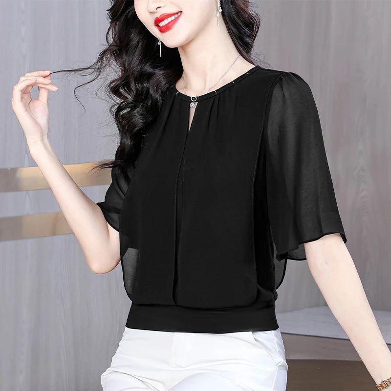 Summer Clothing Half Sleeve Chiffon Blouse 2025 New Fashion Loose Women Tops Solid Color Casual Pullovers Shirt.
